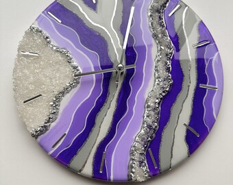 Handmade Purple & Silver Resin Geode Wall Clock, Unique Epoxy Art with Crystal Accents, Modern Home Decor, unique housewarming gift stylish