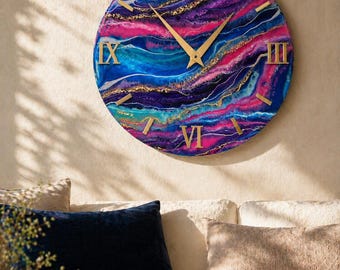 Custom Resin Wall Clock, Large Geode Clock, Purple Teal Wall Decor, Gold Roman Numerals, Luxury Handmade Epoxy Clock