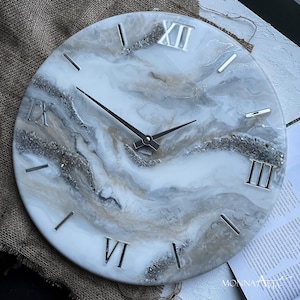 Resin art, wall clock, Wall clock Unique, Custom clock  white beige and silver, aesthetic room decor, anniversary gift for parents