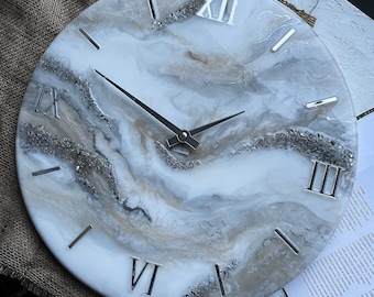 Resin art, wall clock, Wall clock Unique, Custom clock  white beige and silver, aesthetic room decor, anniversary gift for parents