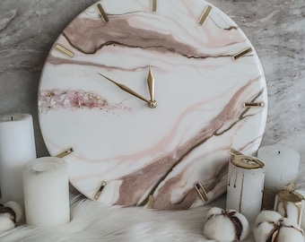 Epoxy wall clock | Clock with silent mechanism | Wall clock beige and white gold | Clock with Marble effect | modern wall art handmade white