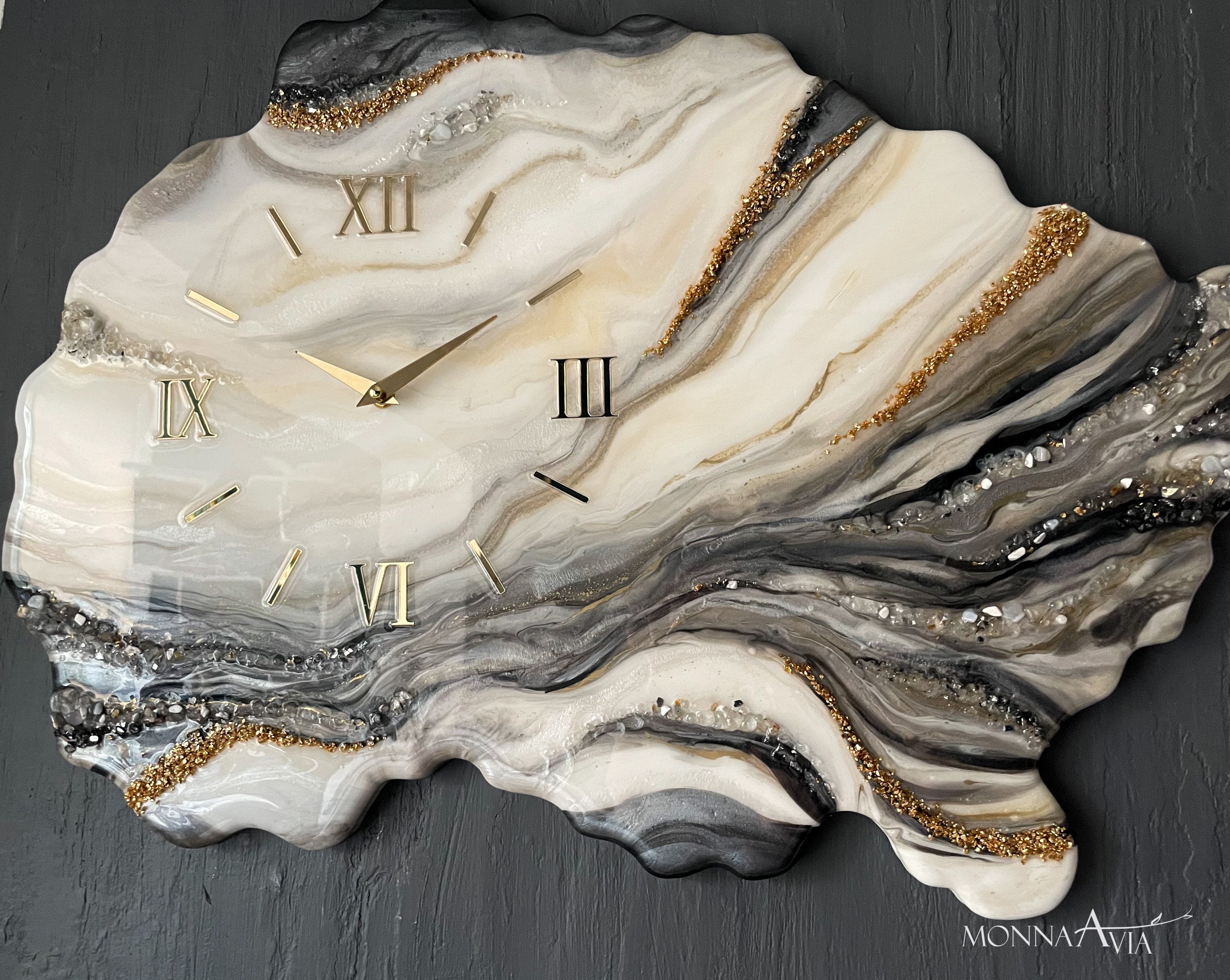 Epoxy Resin Wall Clock – Large Handmade Wall Clock With Gold and Grey ...