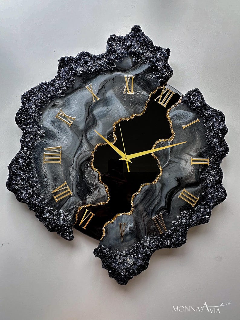 Handmade Epoxy Wall Clock With a Stone Effect and Gold Details Unique ...