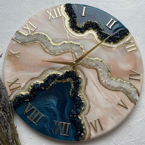 Geode resin clock Resin art wall clock Unique home decor Wedding gift Custom clock in white beige and blue geode wall art Abstract art Gold