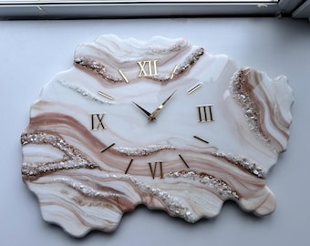 Beige Resin Wall Clock – Asymmetrical Marble Geode Clock with Gold Roman Numerals, Neutral Epoxy Wall Art, Large Silent Quartz