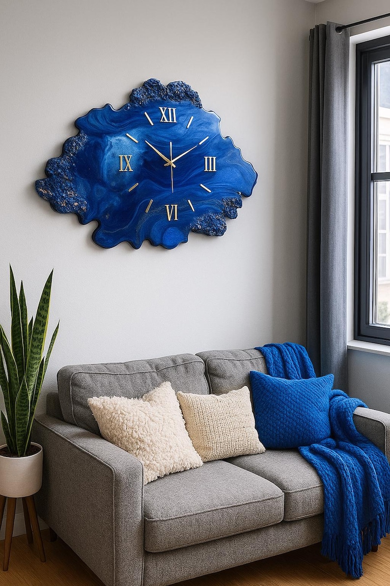 Blue Geode Resin Wall Clock, Ocean Epoxy Art Clock, Silent Quartz Clock, Modern Wall Art, Crystals Home Decor, Housewarming Gift, Handmade image 1