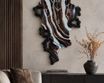 Large Resin Wall Clock with LED Backlight – Black Brown Blue Geode Clock, Luxury Statement Wall Art, Silent Epoxy Clock