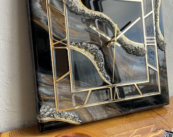 Large Black Gold Square Resin Wall Clock 22” – Handmade Geode Epoxy Art, Crystal Edge, Roman Numerals, Silent Quartz, Luxury Statement Decor