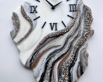 Black and White Resin Wall Clock – Marble Geode Wall Art, Neutral Large Wall Clock with Crystals, Modern Office Decor