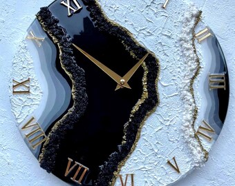 Geode Resin Clock – Black White & Gold Epoxy Wall Art, Handmade Gift for Him or Her, Custom Statement Decor