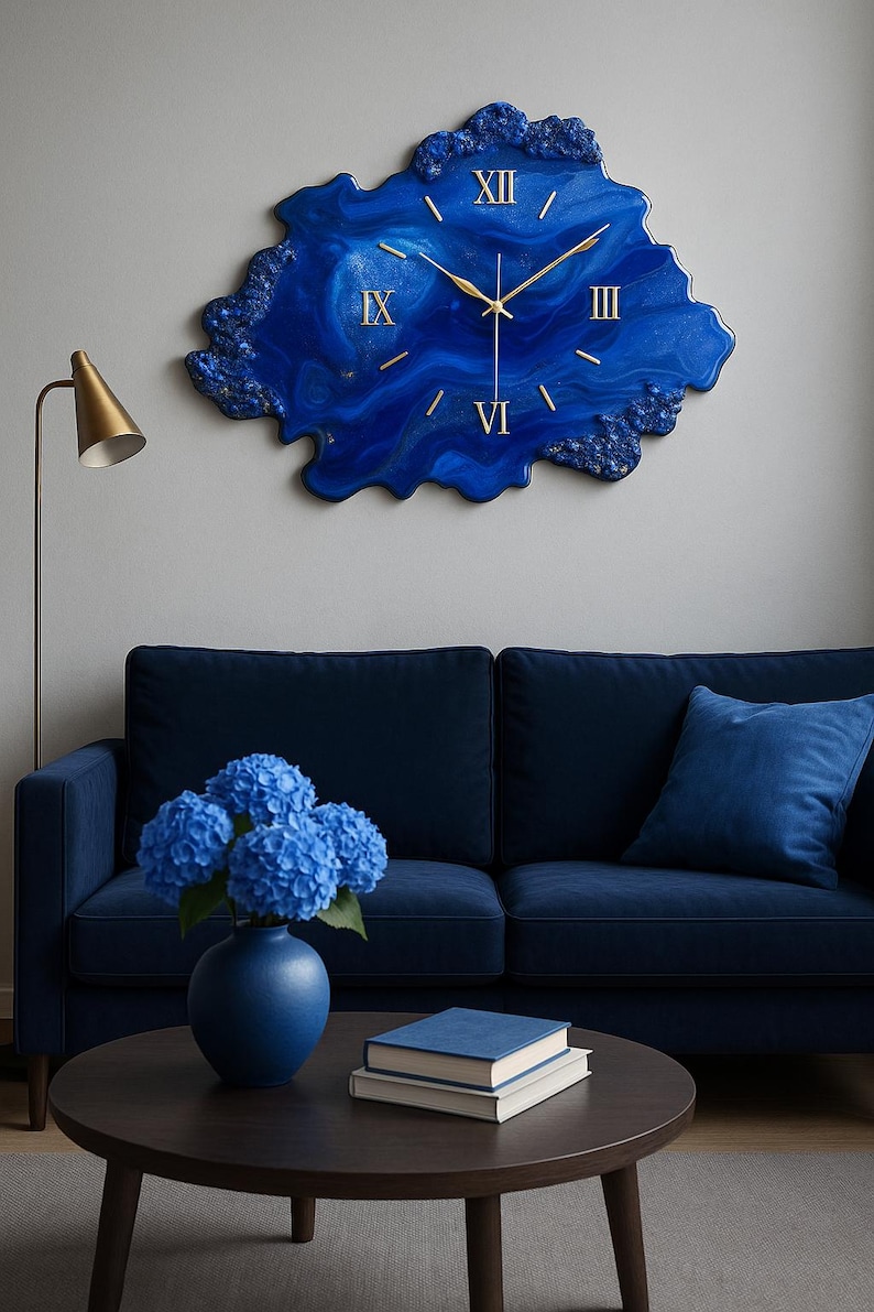 Blue Geode Resin Wall Clock, Ocean Epoxy Art Clock, Silent Quartz Clock, Modern Wall Art, Crystals Home Decor, Housewarming Gift, Handmade image 10