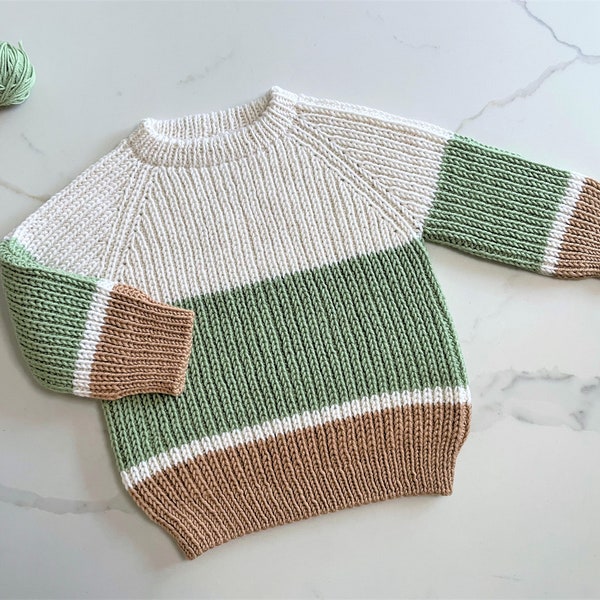 Knitting Pattern - Ribbed Sweater for Babies and Toddlers / Top Down Raglan Seamless Sweater / Half Brioche Sweater *only in English*