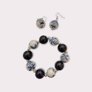 Delft blue ceramic set of bracelet and earrings WINDMILL