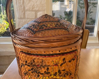 Vintage Straits Chinese Hand Painted Woven Bamboo / Wicker Nyonya Basket