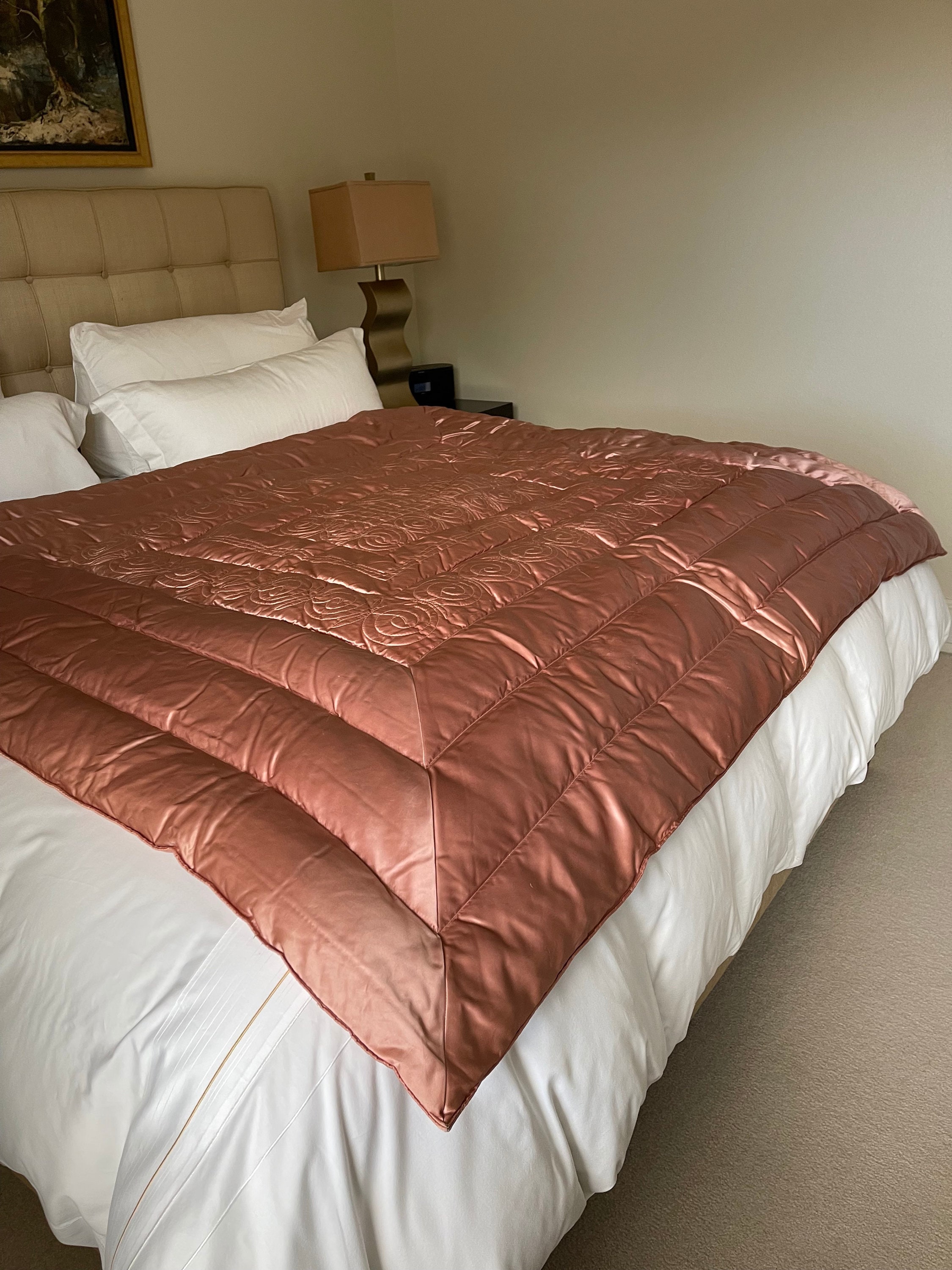 Vintage 80's / 90's Rose Pink Satin Quilted Queen Size Down Comforter