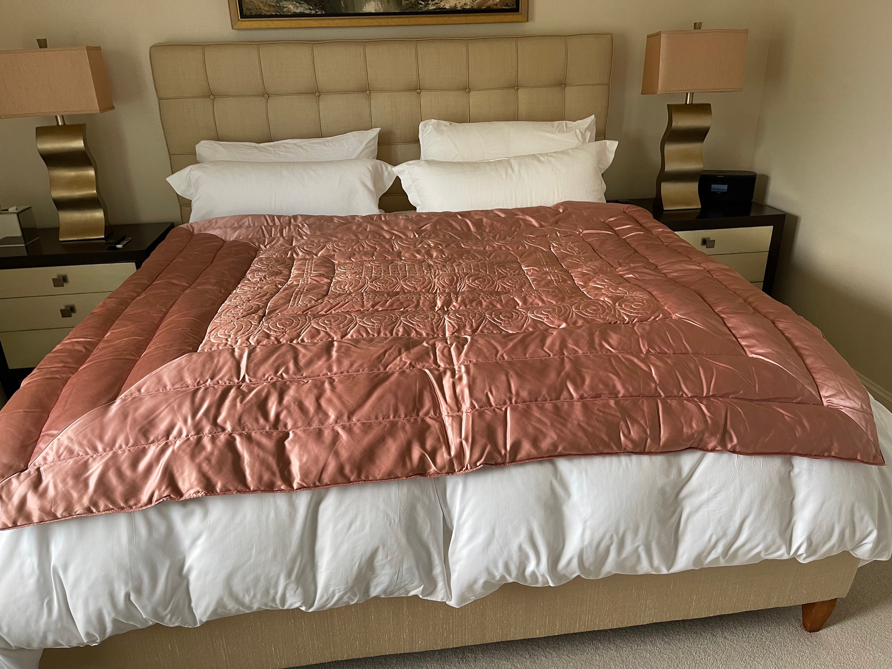 Vintage 80's / 90's Rose Pink Satin Quilted Queen Size Down Comforter