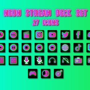 Könnte beinhalten: Ein Set mit 27 Neon-Pink- und Grün-Icons für ein Stream-Deck. Die Icons beinhalten Social-Media-Logos, Musik- und Videosteuerungen sowie andere Streaming-bezogene Icons.
