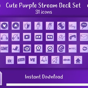 May include: A set of 31 purple icons for streaming on Twitch or YouTube. The icons include a heart, star, shield, microphone, play button, talk bubble, headphones, camera, and more. The text "Cute Purple Stream Deck Set" and "31 icons" is at the top of the image. The text "Instant Download" is at the bottom of the image.