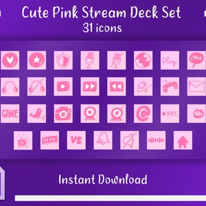 Könnte beinhalten: Eine digitale Download-Grafik mit 31 rosa Symbolen für ein Stream Deck. Die Symbole umfassen Symbole für Spiele, soziale Medien und Streaming-Steuerelemente. Der Text oben lautet "Cute Pink Stream Deck Set". Die Worte "Instant Download" stehen unten.