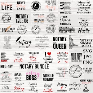 May include: A collection of 25 black and white digital designs featuring the text "Notary" and various related phrases. The designs are set against a light wood background. The designs include phrases such as "Notary Public", "Notary Signing Agent", "Notary Queen", "Notary Boss", and "Certified to Sign on the Dotted Line".
