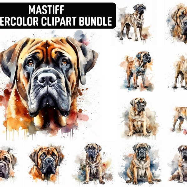 Watercolor Mastiff Clipart, 12 High Quality JPGs, Dog Clipart, Card Making, Digital Paper Craft, Digital Download for Commercial use