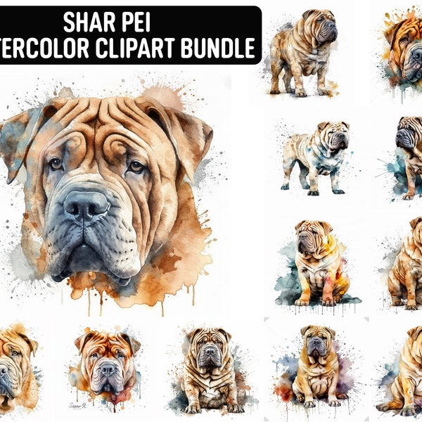 Watercolor Shar Pei Clipart, 12 High Quality JPGs, Dog Clipart, Card Making, Digital Paper Craft, Digital Download for Commercial use