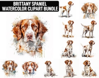 Aquarel Brittany Spaniel Clipart, 12 hoge kwaliteit JPG's, Dog Clipart, Card Making, Digital Paper Craft, Digitale Download, Commercieel gebruik