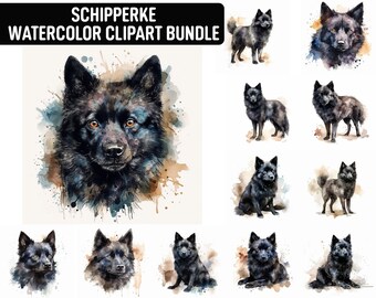 Watercolor Schipperke Clipart, 12 High Quality JPGs, Dog Clipart, Card Making, Digital Paper Craft, Digital Download for Commercial use
