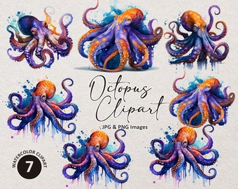 Octopus Clipart, Bundle Png, Sea Life Png, Digital Download, Sea Animals Png, Watercolor Png, Octopus Art, Printable, Illustration Png