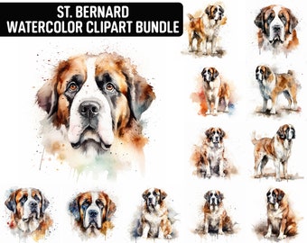 Watercolor St. Bernard Clipart, 12 High Quality JPGs, Dog Clipart, Card Making, Digital Paper Craft, Digital Download for Commercial use