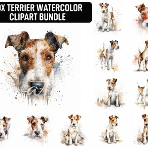 May include: A digital clipart bundle of ten watercolour illustrations of Fox Terriers in various poses. The illustrations are in shades of brown, white, and black, with splashes of watercolour paint in the background.