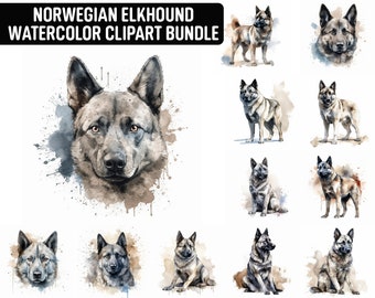 Watercolor Norwegian Elkhound Clipart, 12 High Quality JPGs, Dog Clipart, Card Making, Digital Paper Craft, Digital Download, Commercial use