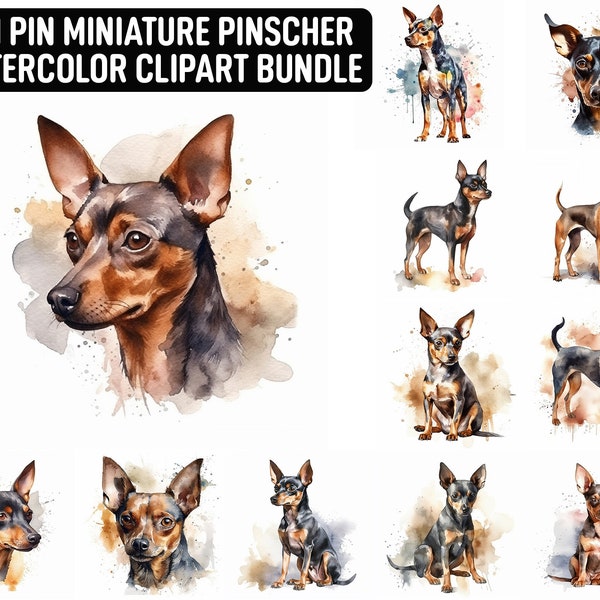 Watercolor Min Pin Miniature Pinscher, 12 High Quality JPGs, Dog Clipart, Card Making, Digital Paper, Digital Download for Commercial use