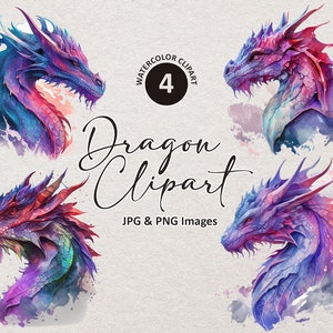 Dragon Clipart, Bundle Png, Colorful Dragon Png, Digital Download, Fantasy Clipart, Watercolor Png, Dragon Art, Printable, Illustration Png
