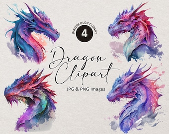 Dragon Clipart, Bundle Png, Colorful Dragon Png, Digital Download, Fantasy Clipart, Watercolor Png, Dragon Art, Printable, Illustration Png