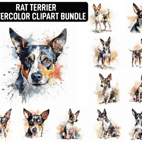 Watercolor Rat Terrier Clipart, 12 High Quality JPGs, Dog Clipart, Card Making, Digital Paper Craft, Digital Download for Commercial use