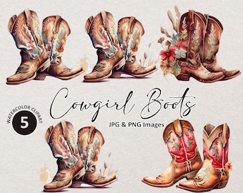 May include: Five watercolor illustrations of brown cowboy boots with floral accents. The boots are in different poses and have a rustic, vintage feel. The text "Cowgirl Boots" is written in a decorative font above the boots. The text "JPG & PNG Images" is written below the boots.