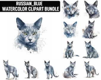 Watercolor Russian Blue Clipart, 12 High Quality Jpgs, Cat Clipart, Card Making, Digital Paper Craft, Digital Download for Commercial Use