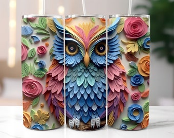 May include: A colorful owl with blue, pink, and green feathers is surrounded by paper flowers in shades of pink, yellow, and blue. The owl is the focal point of the design, with its large eyes and intricate details.