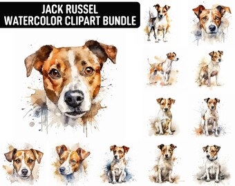 Watercolor Jack Russel Clipart, 12 High Quality JPGs, Dog Clipart, Card Making, Digital Paper Craft, Digital Download for Commercial use