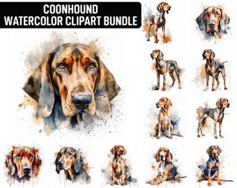 Watercolor Coonhound Clipart, 12 High Quality JPGs, Dog Clipart, Card Making, Digital Paper Craft, Digital Download for Commercial use