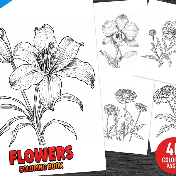 40 Página para colorear de flores, Página para colorear de contorno, Libro de páginas para colorear de fantasía, PDF imprimible, Adultos + niños, Archivo digital