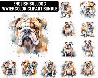 Watercolor English Bulldog Clipart, 12 High Quality JPGs, Dog Clipart, Card Making, Digital Paper Craft, Digital Download for Commercial use