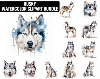 Watercolor Husky Clipart, 12 High Quality JPGs, Dog Clipart, Card Making, Digital Paper Craft, Digital Download for Commercial use