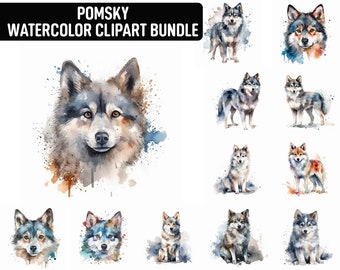 Watercolor Pomsky Clipart, 12 High Quality JPGs, Dog Clipart, Card Making, Digital Paper Craft, Digital Download for Commercial use