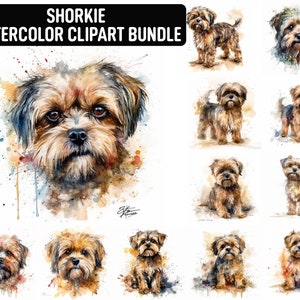 Acuarela Shorkie Clipart, 12 JPG de alta calidad, Clipart de perro, Fabricación de tarjetas, Arte de papel digital, Descarga digital para uso comercial
