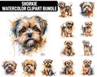 Watercolor Shorkie Clipart, 12 High Quality JPGs, Dog Clipart, Card Making, Digital Paper Craft, Digital Download for Commercial use