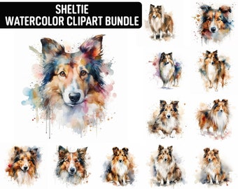 Watercolor Sheltie Clipart, 12 High Quality JPGs, Dog Clipart, Card Making, Digital Paper Craft, Digital Download for Commercial use