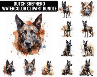 Watercolor Dutch Shepherd Clipart, 12 High Quality JPGs, Dog Clipart, Card Making, Digital Paper Craft, Digital Download for Commercial use
