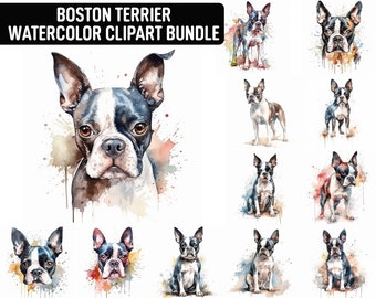 Watercolor Boston Terrier Clipart, 12 High Quality JPGs, Dog Clipart, Card Making, Digital Paper Craft, Digital Download for Commercial use